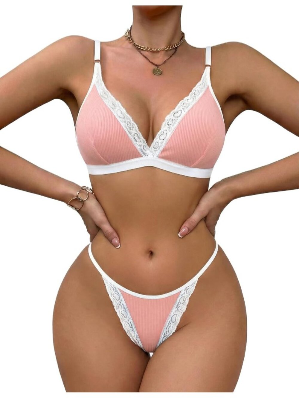 🆕Women's Light Pink Ribbed Bra and Pany Set with Lace Trim Bralettes Lingerie